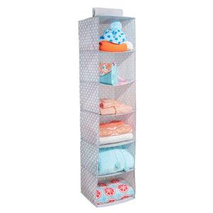 mDesign Soft Fabric Over Closet Rod Hanging Storage Organizer with 6 Shelves for Child/Kids Room or Nursery - Polka Dot Pattern - Light Gray with White Dots