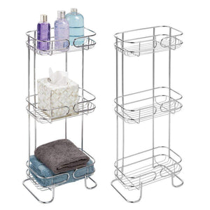 Budget friendly mdesign rectangular metal bathroom shelf unit free standing vertical storage for organizing and storing hand towels body lotion facial tissues bath salts 3 shelves 2 pack chrome