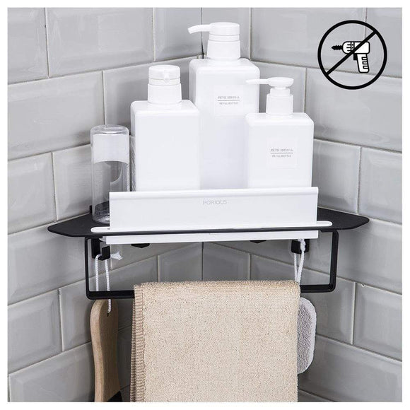 Exclusive forious bathroom shower caddy and kitchen shelf combine with squeegee towel ring and robe hooks patented glue 3m self adhesive aluminum black