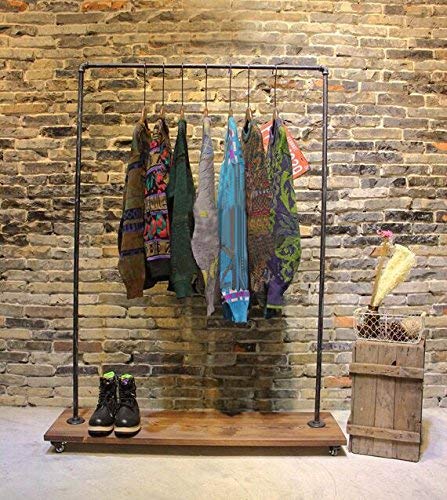 Industrial Pipe Clothing Rack Wood Garment Rack Pipeline Vintage Rolling Rack with wheels