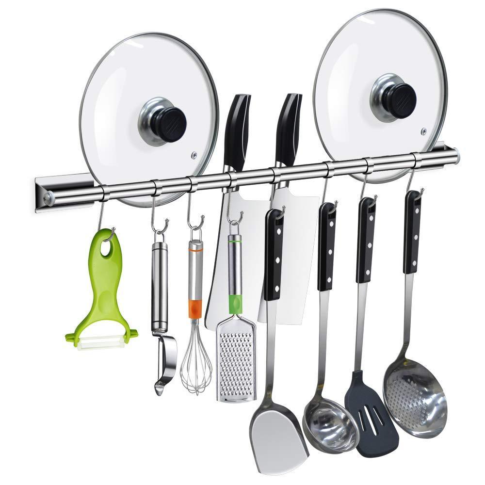 Amazon junyuan kitchen pot rack utensil rail cookware pan hanging rack storage organizer bathroom shelf bath towel bar holder rack with 8 sliding hooks wall mounted 304 stainless steel 19 68