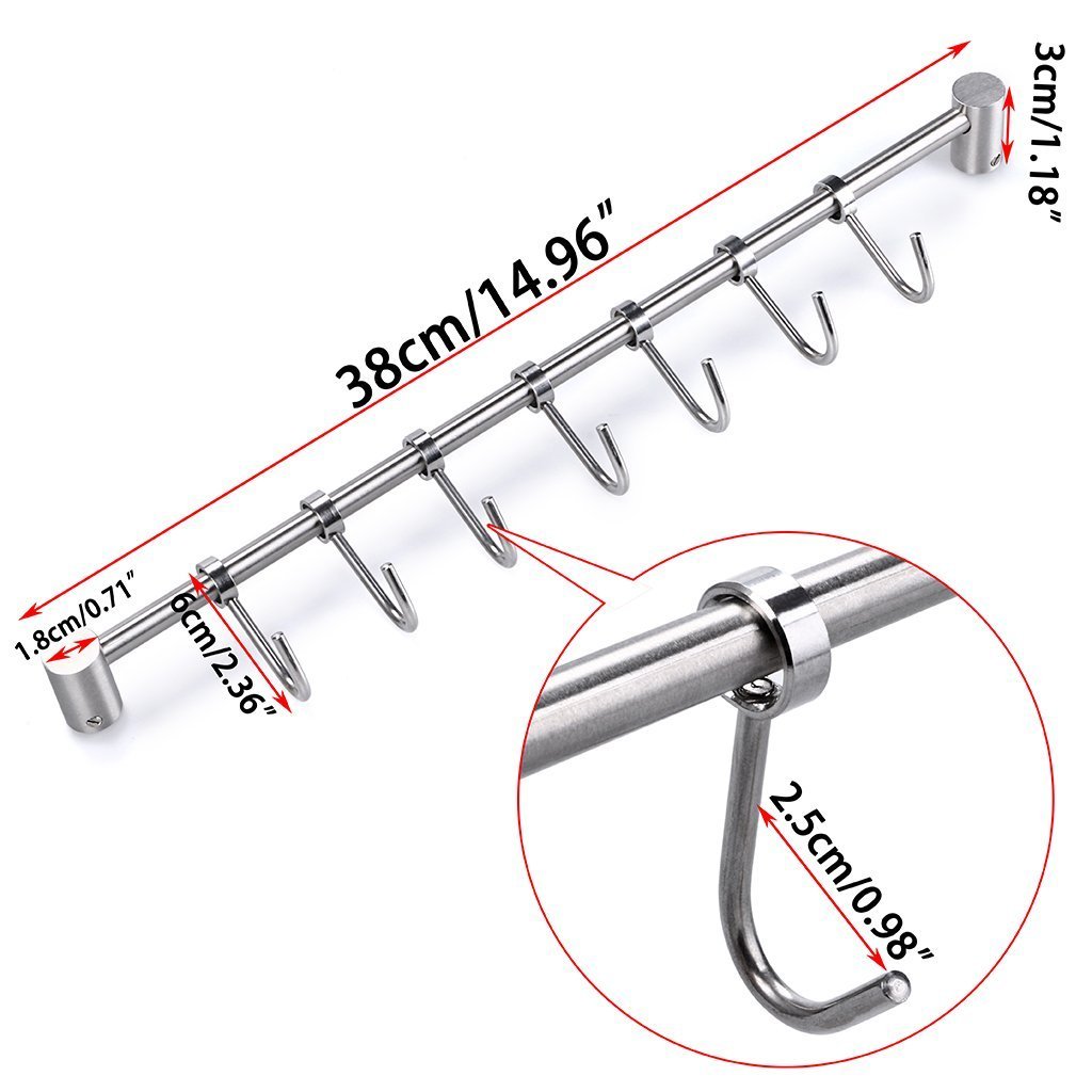 The best sumnacon pot pan rack with 7 hooks solid stainless steel rail kitchen cookware utensil pot rack hooks hanger 15 inch wall mounted heavy duty kitchenware lid towels storage organizer easy install