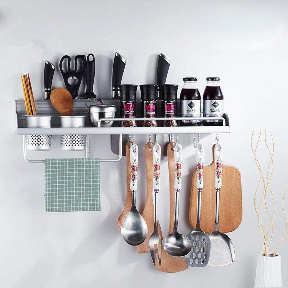 Shop wall pot rack wall hanging shelf 20 inch kitchen cookware organizer with pot hook knife holder 2 utensil cup spice rack towel rack for rv hotel restaurant bar aluminum by focipow