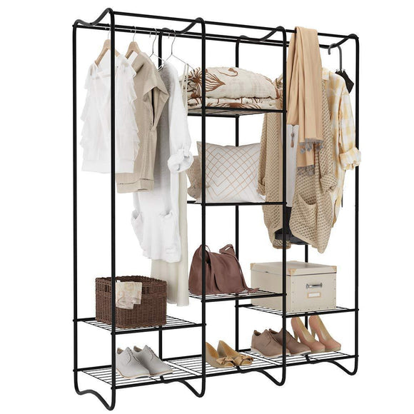 LANGRIA Large Free-Standing Closet Garment Rack Made of Sturdy Iron with Spacious Storage Space, 8 Shelves, Clothes Hanging Rods, Heavy Duty Clothes Organizer for Bedroom, Entryway (Black)