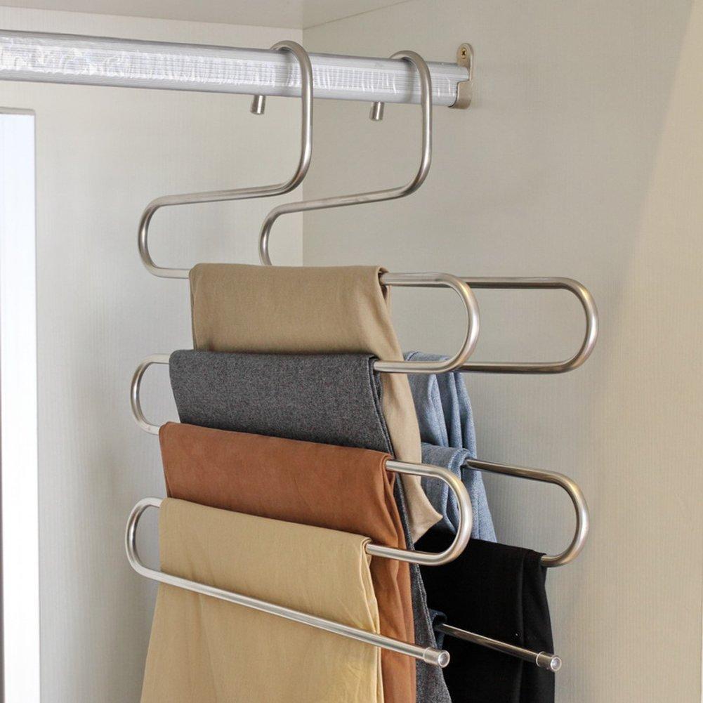 Latest pants hangers dexing s type multi purpose stainless steel magic space saving hangers clothes organizer for trousers towels ties and scarfs 5 pcs