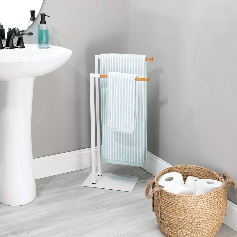 Latest mdesign tall modern metal and bamboo wood towel rack holder 2 tier organizer for bathroom storage and organization next to tub or shower holds bath hand towels washcloths white natural