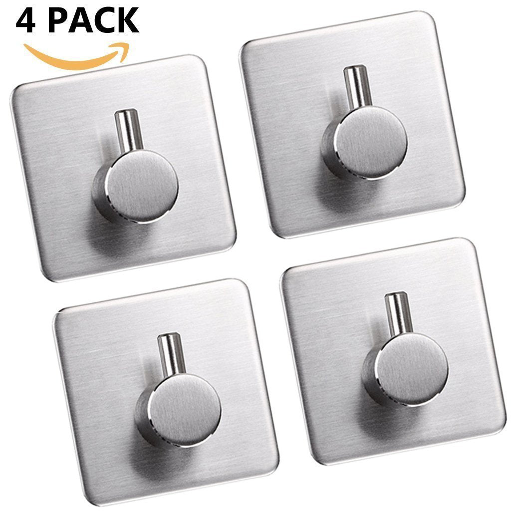 Best 4 pack towel hook 3m self adhesive hooks 304 stainless steel closets coat towel robe hook rack wall mount for bathroom