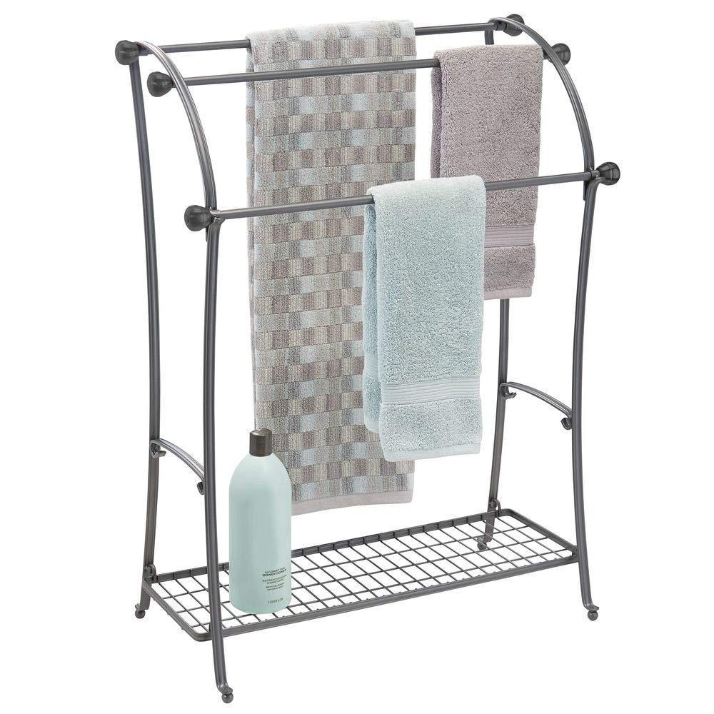 Products mdesign large freestanding towel rack holder with storage shelf 3 tier metal organizer for bath hand towels washcloths bathroom accessories graphite gray