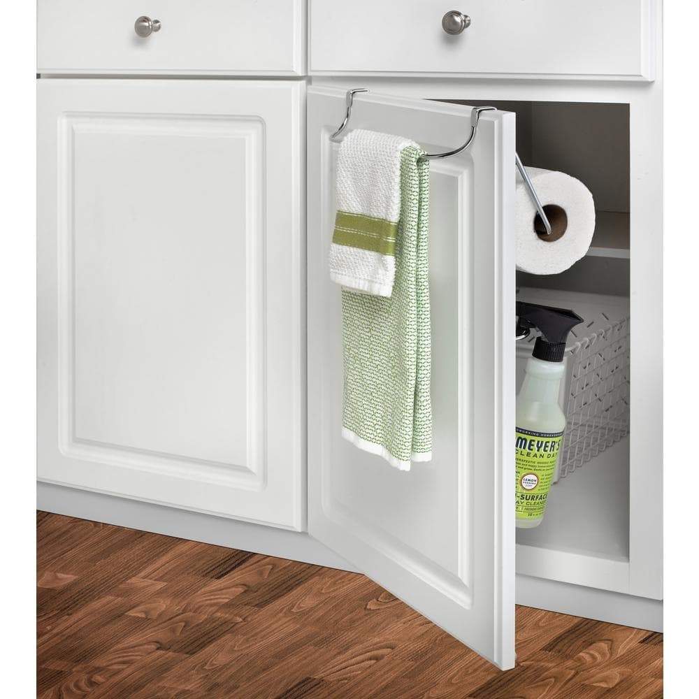 Storage organizer 10 5 in x 12 in x 5 75 in sturdy steel construction durable portable and versatile over the cabinet dual towel bar and bottle organizer in chrome for your kitchen bathroom laundry