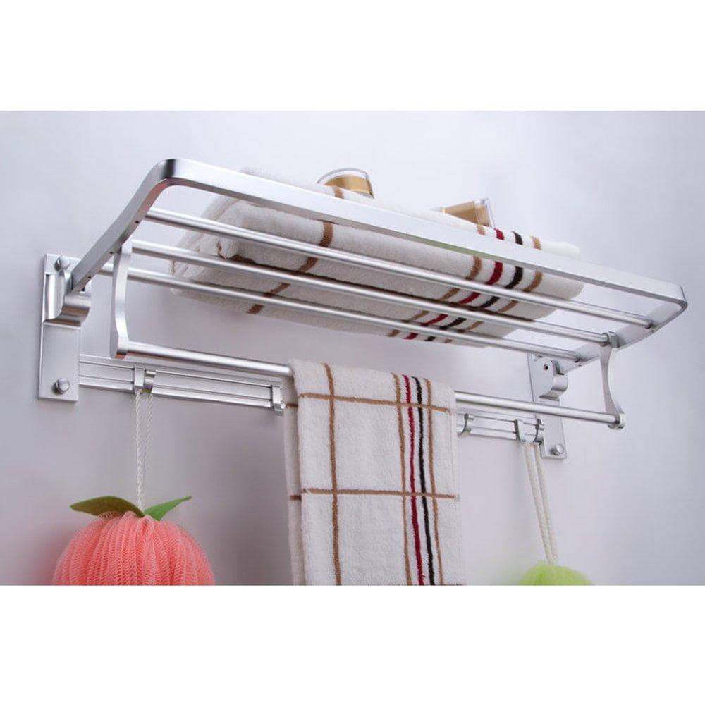 Budget friendly kes a4015 bathroom aluminum foldable towel rack shelf with coat and robe hooks wall mount aluminum