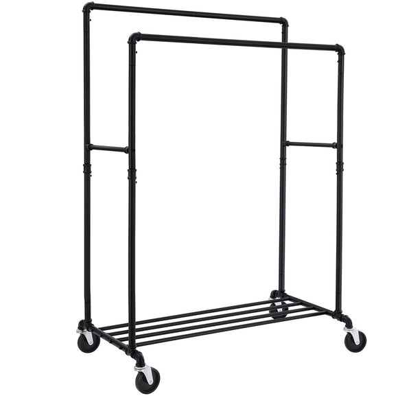 SONGMICS Industrial Pipe Double Rail Wheels with Commercial Grade Clothing Hanging Rack Organizer for Garment Storage Display Black UHSR60B