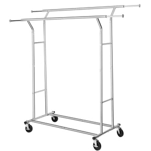 SONGMICS Double-Rail Garment Rack, Rolling Clothes Rack, with Bottom Rods, for Coats, Shirts, Dresses, Scarves, Bags, Shoe Boxes, Chrome ULLR23C