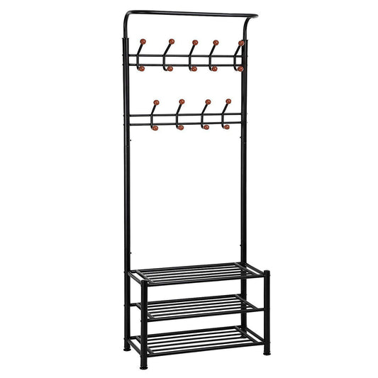 Finefurniture Entryway Coat and Shoe Rack with 18 Hooks and 3-Tier Shelves, Fashion Garment Rack, Bag Clothes Umbrella and Hat Rack with Hanger Bar