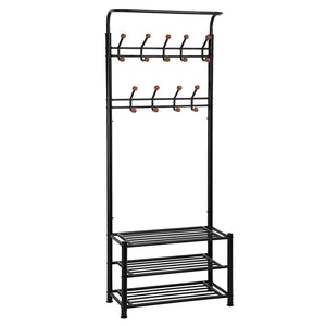 Finefurniture Entryway Coat and Shoe Rack with 18 Hooks and 3-Tier Shelves, Fashion Garment Rack, Bag Clothes Umbrella and Hat Rack with Hanger Bar