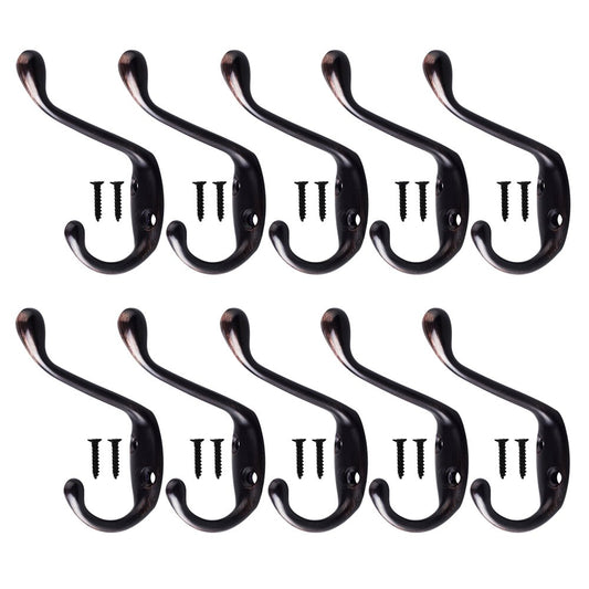 Okdeals 10 PCS Wall Mounted Dual Coat Hook, Heavy Duty Double Coat Hat Hanger with 20 Pieces Screws (Oil Rubbed Bronze)