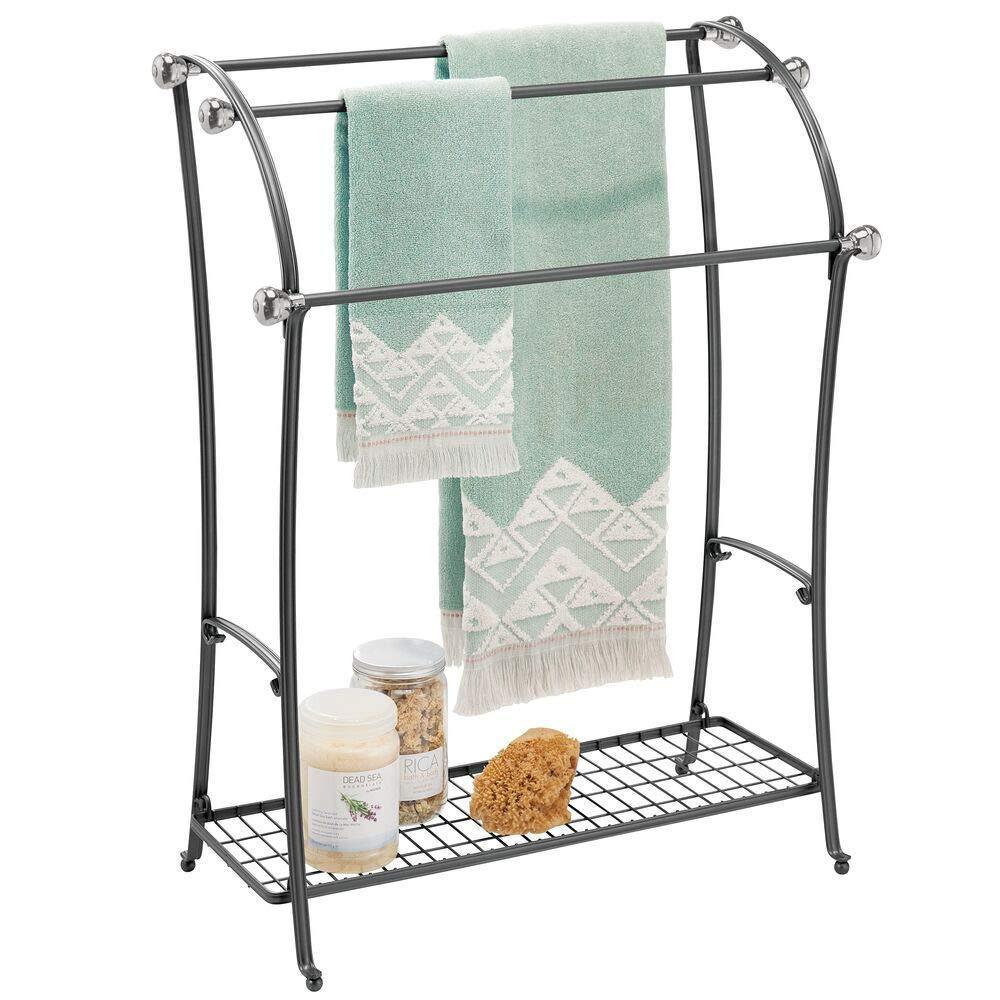 Budget mdesign large freestanding towel rack holder with storage shelf 3 tier metal organizer for bath hand towels washcloths bathroom accessories black brushed steel