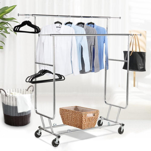 Topeakmart Commercial Grade Adjustable Double-Rail Clothing Hanging Rack on Wheels Rolling Garment Rack Drying Rack w/Wheels,Chrome Finish