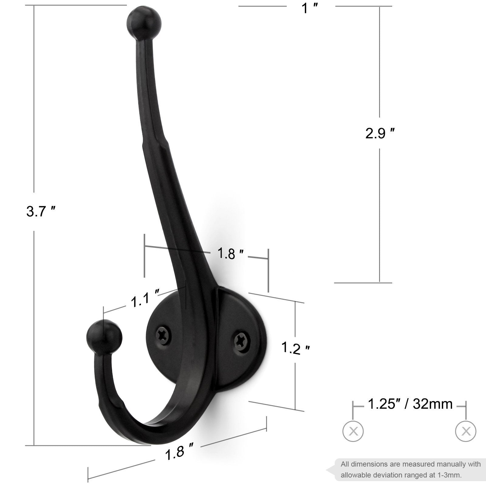 Latest arks royal heavy duty metal coat hook with ball ends thick long retro prong hat hook bath towel closet clothes hanger rail garment holder flat black 6 pcs