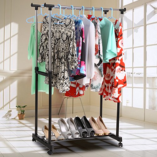 Dozenla Heavy Duty Clothing Garment Rack - Chrome,2 Rolling Rail Adjustable Hanging Garment Hangers, Heavy Duty Rack Stainless Steel Pole Floor Type Racks(US Stock)