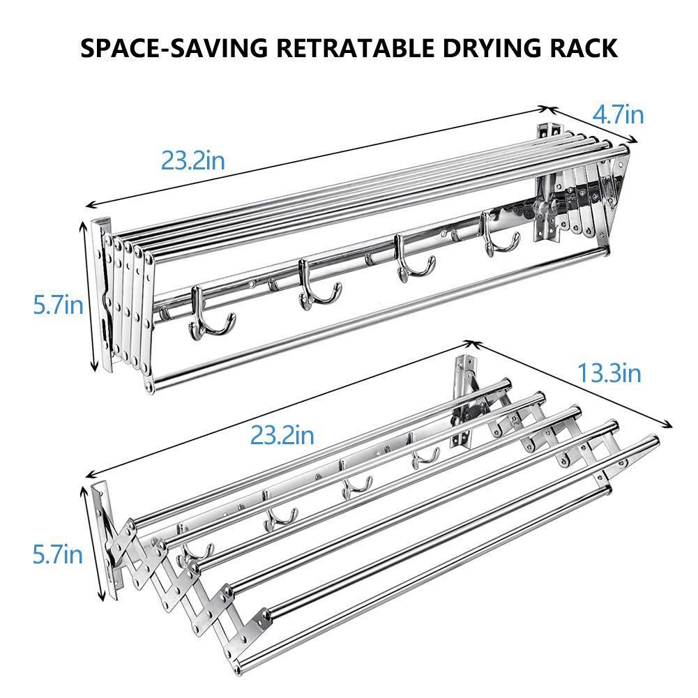 Kitchen merya folding clothes drying rack wall mount retractable 304 stainless steel laundry drying rack bathroom towel rack with hooks rustproof space saving clothes hanger rack for indoor outdoor use