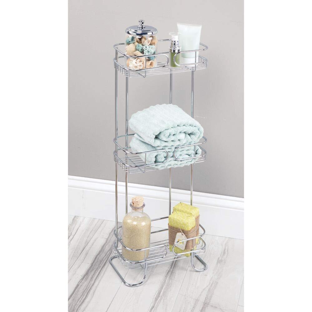 Discover mdesign rectangular metal bathroom shelf unit free standing vertical storage for organizing and storing hand towels body lotion facial tissues bath salts 3 shelves 2 pack chrome