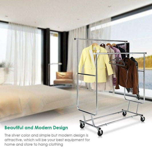 TomCare Garment Rack Double Clothes Racks Ajustable Clothing Rack Extensible Clothes Hanging Rack Commercial Grade Garment Rolling Racks for Hanging Heavy Duty Stainless Steel Garment Rack on Wheels