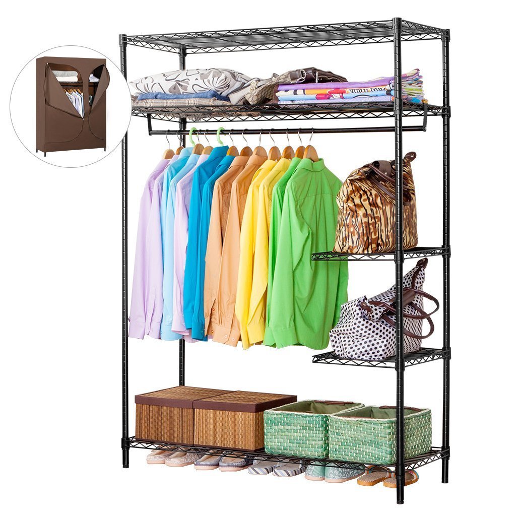 LANGRIA Heavy Duty Wire Shelving Garment Rack Clothes Rack, Portable Clothes Closet Wardrobe,Compact Zip Closet, Extra Large Wardrobe Storage Rack/Organizer, Hanging Rod,Capacity 420 lbs, Dark Brown