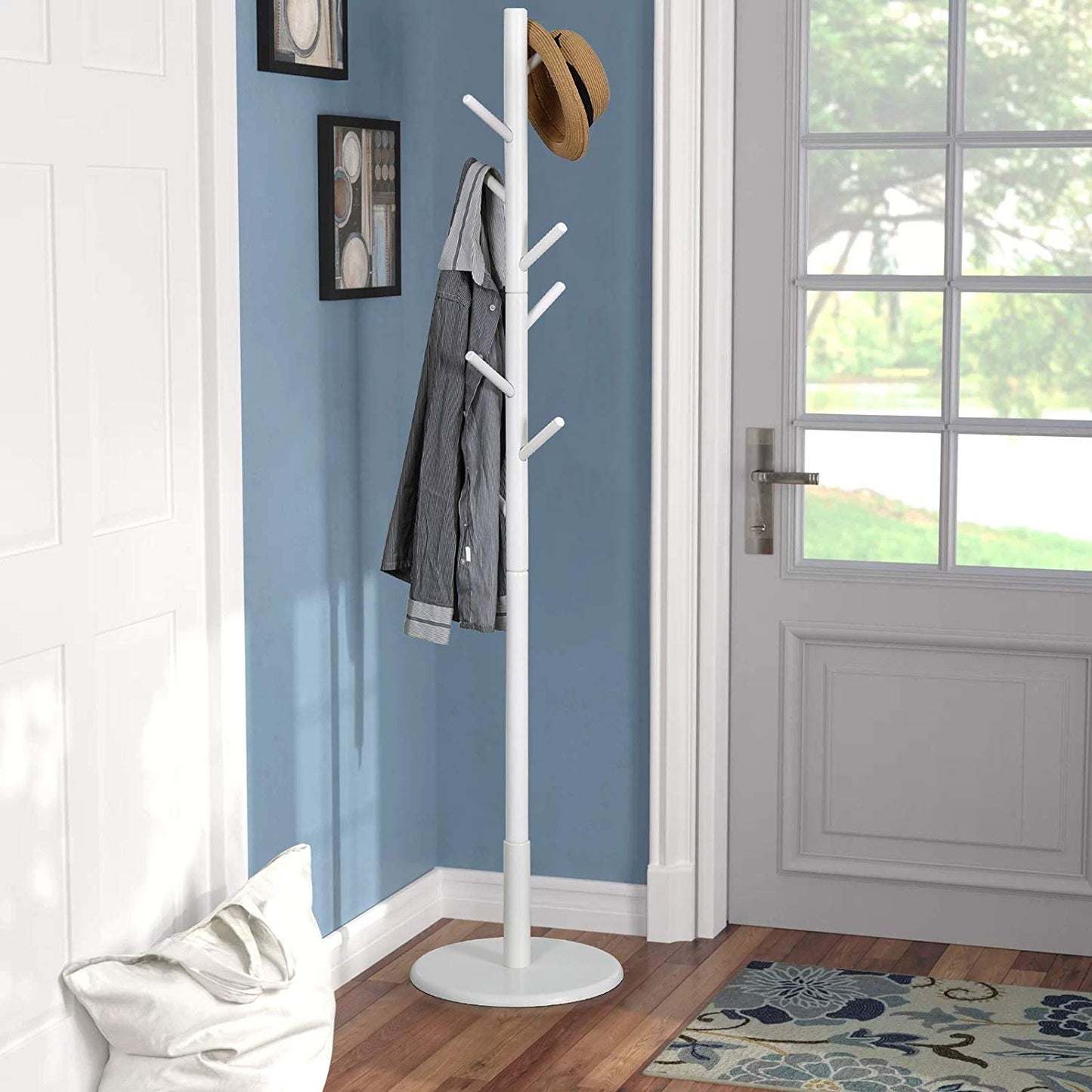 Vlush Wooden Coat Rack Free Standing, Coat Hat Tree Coat Hanger Holder Stand with Round Base for Clothes,Scarves,Handbags,Umbrella-(8 Hooks, Ivory White)