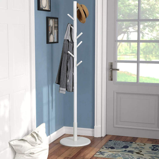 Vlush Wooden Coat Rack Free Standing, Coat Hat Tree Coat Hanger Holder Stand with Round Base for Clothes,Scarves,Handbags,Umbrella-(8 Hooks, Ivory White)