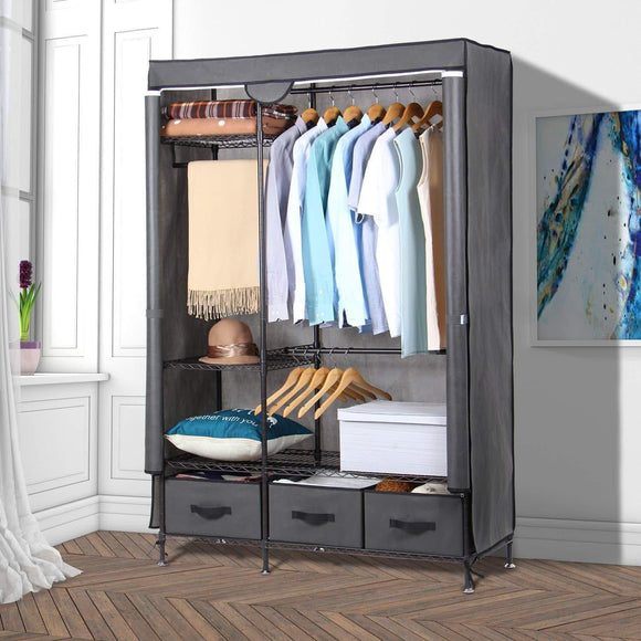 Lifewit Full Metal Closet Organizer Wardrobe Closet Portable Closet Shelves with Adjustable Legs, Non-Woven Fabric Clothes Cover and 3 Drawers, Sturdy and Durable