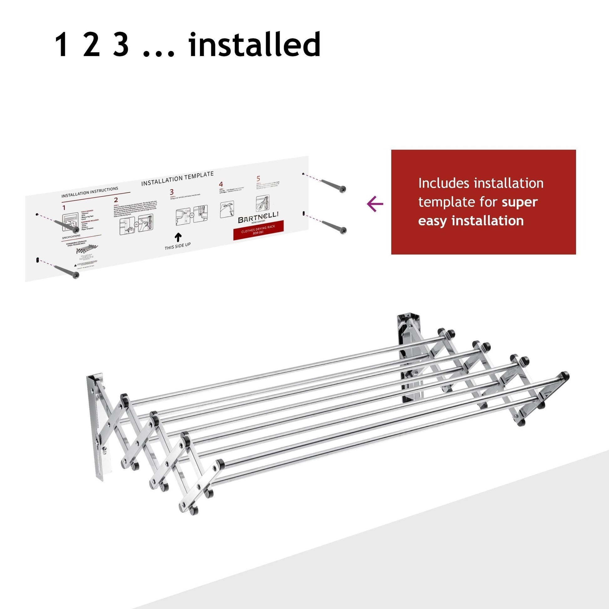 Top rated bartnelli accordion wall mounted drying rack 8 smooth round stainless steel rods huge 22 linear feet capacity compact sleek design ideal for heavy wet towels or delicates 60lb capacity