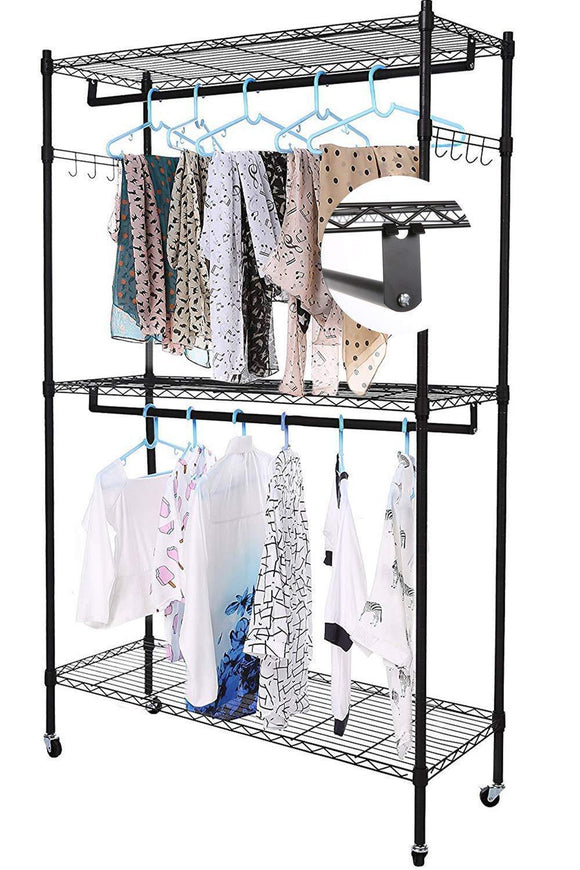 Miageek Heavy Duty Garment Rack Rolling Clothes Rack Free-Standing Shelving Wardrobe Clothes Closet，Storage Organizer with Hanging Rods and Lockable Wheels (Black - Two Pair Hook)