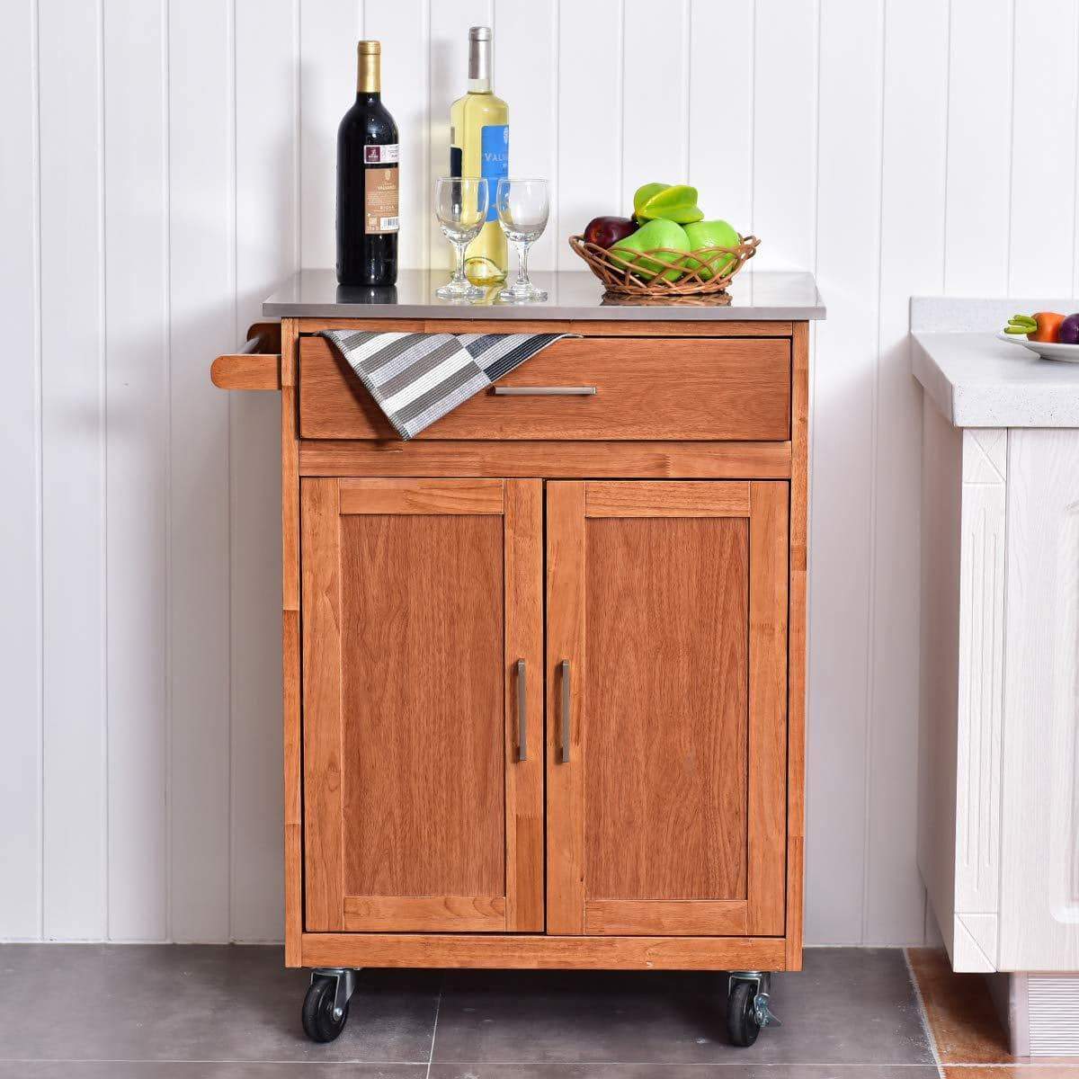 Buy giantex wood kitchen trolley cart rolling kitchen island cart with stainless steel top storage cabinet drawer and towel rack