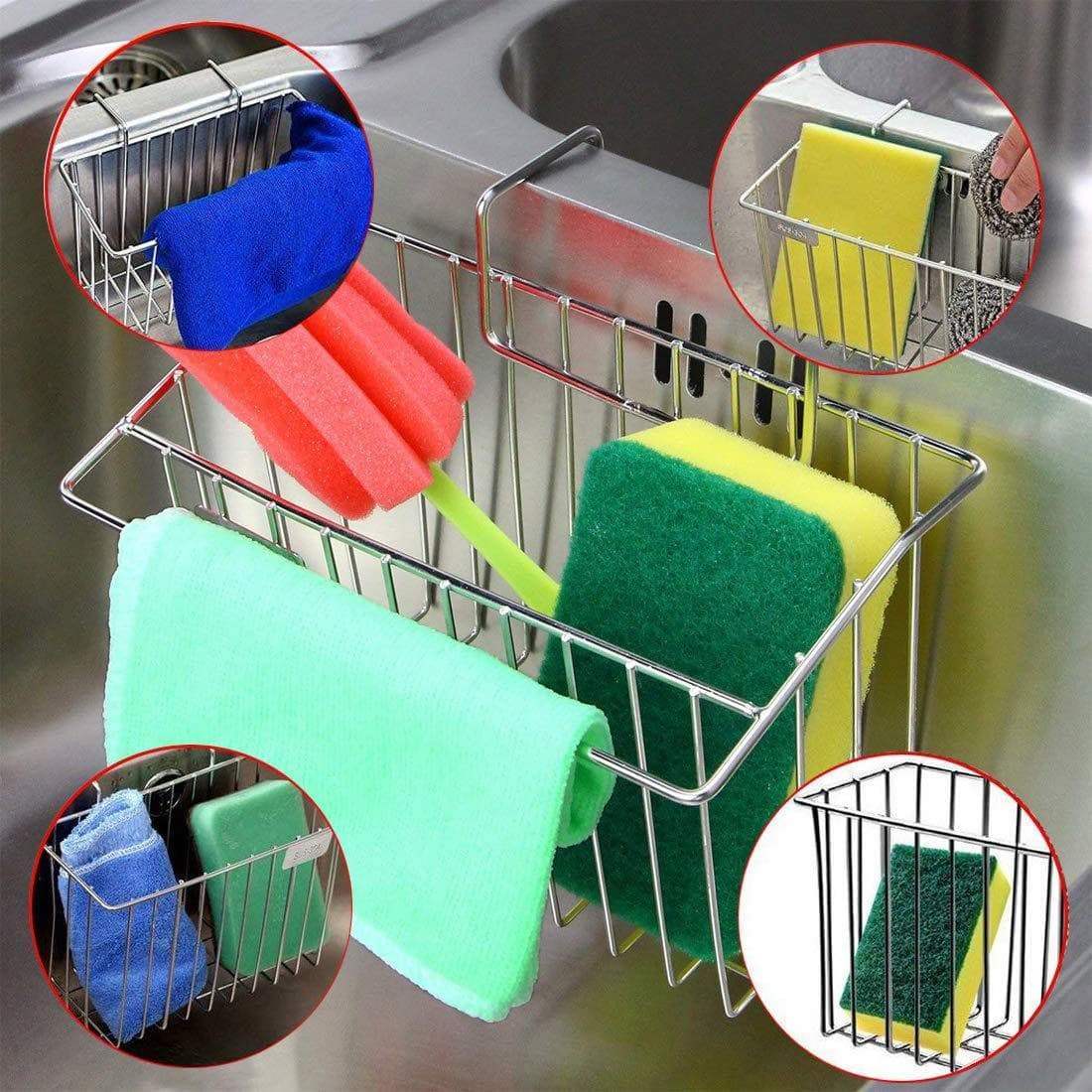 Explore hjkk sponge holder for kitchen sink rust proof 304 stainless steel basket storage holder sink organizer for sponge brush soap towel dish cloth dishwashing liquid and more in sink sponge holder