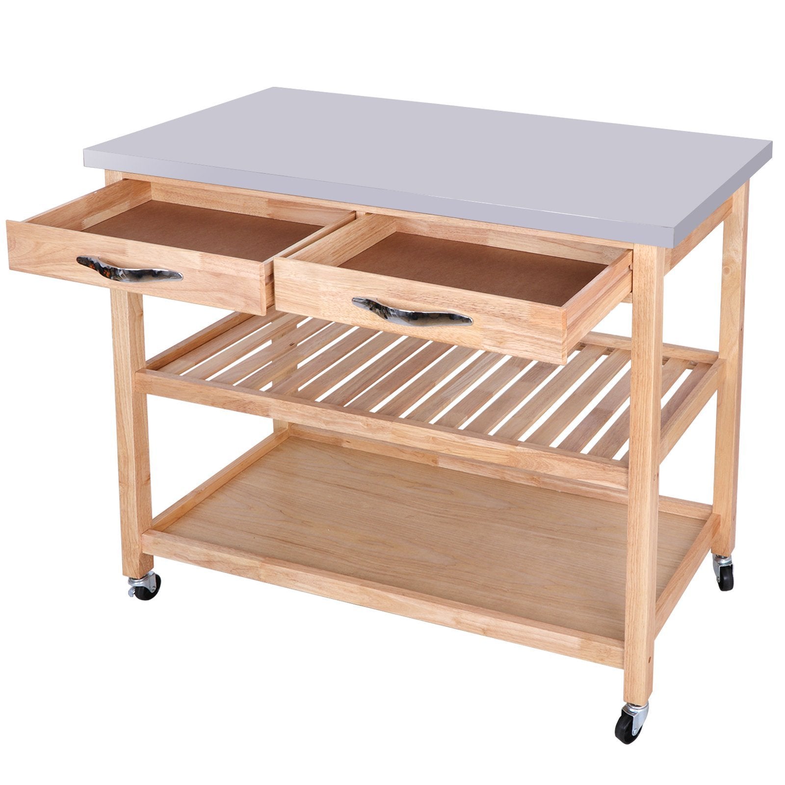 Kitchen zenstyle 3 tier rolling kitchen island utility wood serving cart stainless steel countertop kitchen storage cart w shelves drawers towel rack