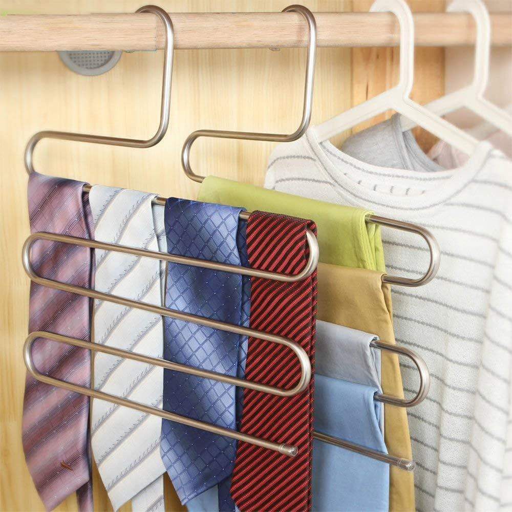 New ycammin pants hangers s type stainless steel trousers rack 5 layers multi purpose closet hangers saver storage rack for clothes towel scarf trousers tie etc2 pcs