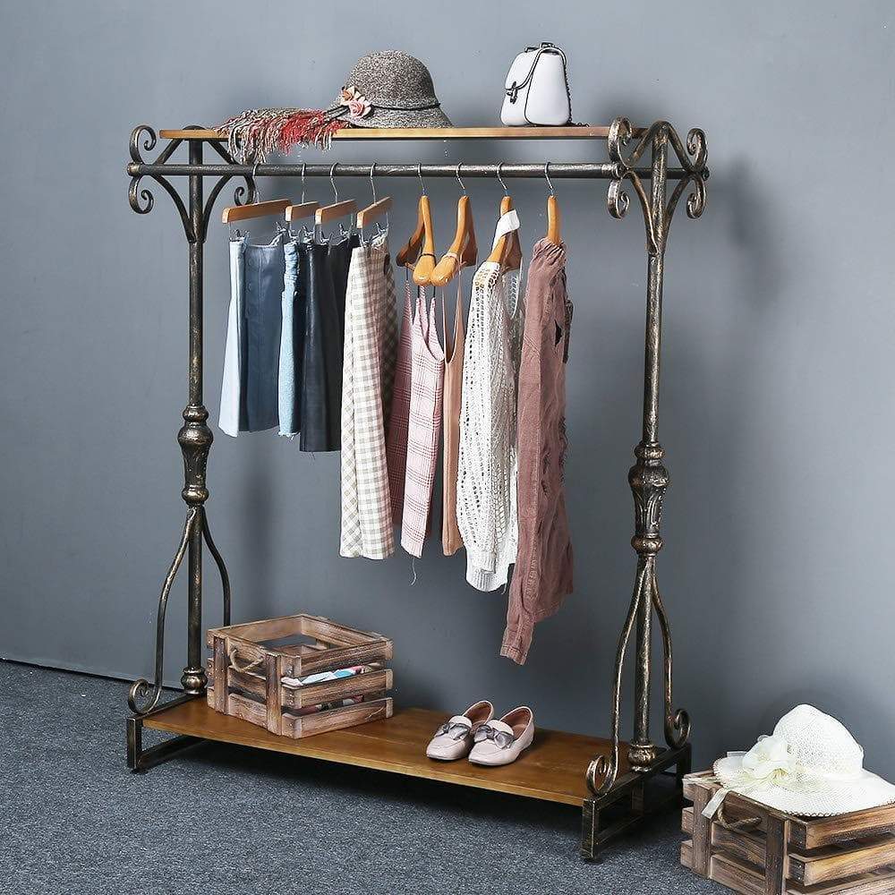 Qianniu Industrial Clothing Rack Display Commercial Grade Heavy Duty Garment Rack with Shelves Vintage Steampunk Hat Rack Shoes Rack Cloth Hanger (47")