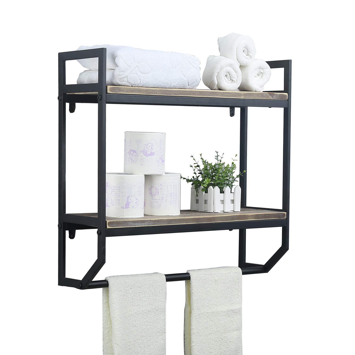 Discover the 2 tier metal industrial 23 6 bathroom shelves wall mounted rustic wall shelf over toilet towel rack with towel bar utility storage shelf rack floating shelves towel holder black brush silver