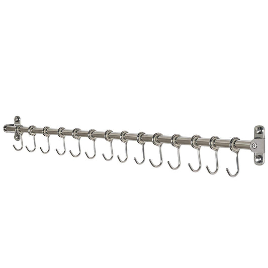 WEBI Kitchen Sliding Hooks, Solid Stainless Steel Hanging Rack Rail with 14 Utensil Removable S Hooks for Towel, Pot Pan, Spoon, Loofah, Bathrobe, Wall Mounted