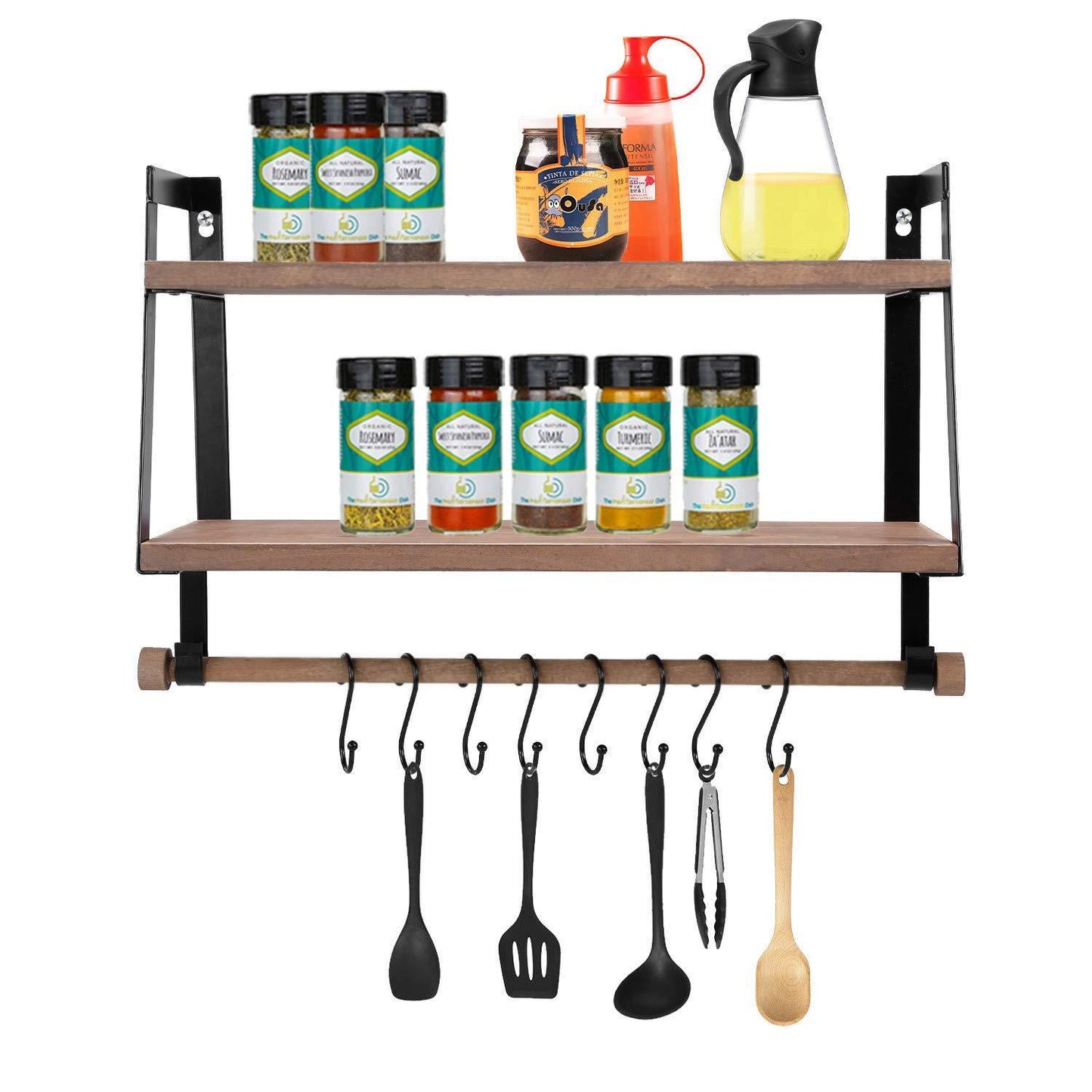 Storage organizer halcent wall shelves wood storage shelves with towel bar floating shelves rustic 2 tier bathroom shelf kitchen spice rack with hooks for bathroom kitchen utensils