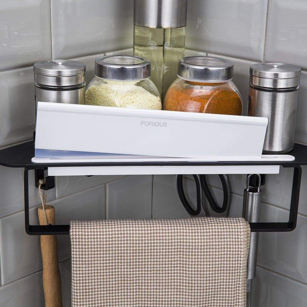 Heavy duty forious bathroom shower caddy and kitchen shelf combine with squeegee towel ring and robe hooks patented glue 3m self adhesive aluminum black