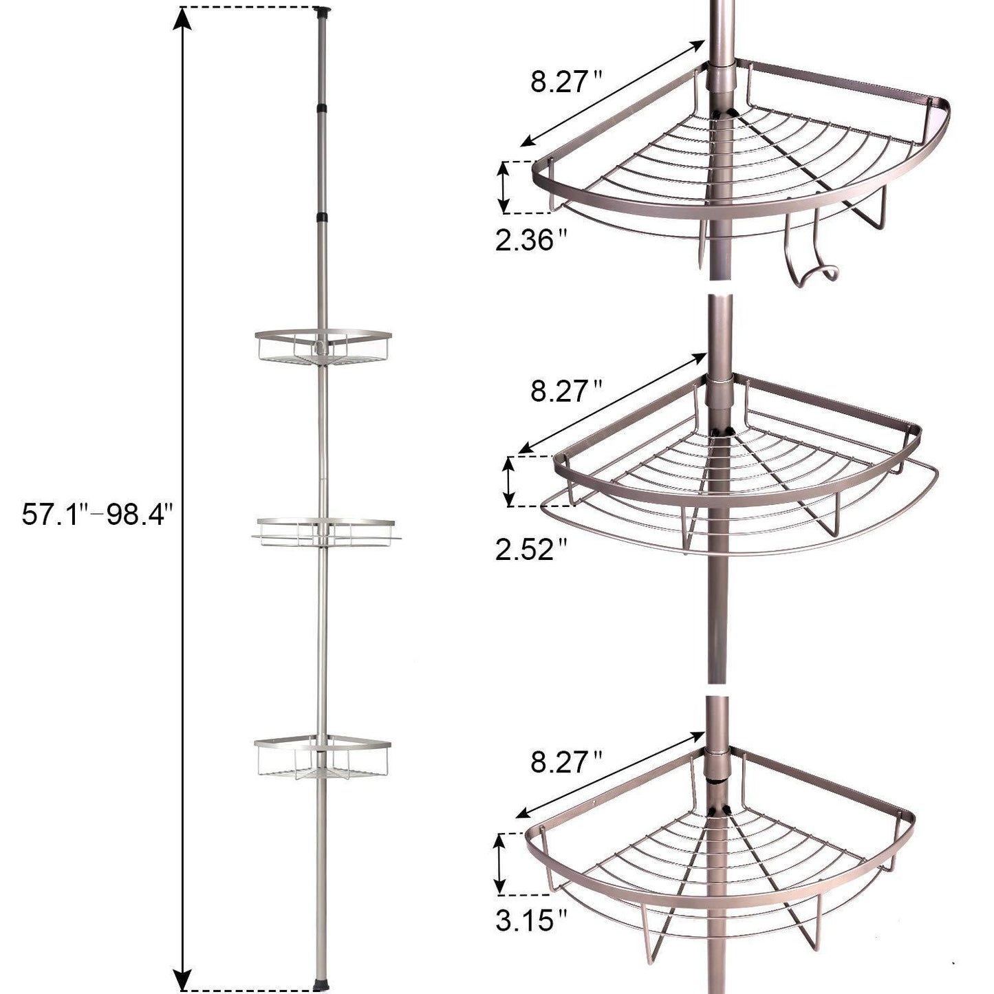 Latest mythinglogic corner shower caddy adjustable height shower tension rod with wire basket 3 tier stainless steel shower shelf rack bathroom shower organizer for shampoo conditioner soap and towel