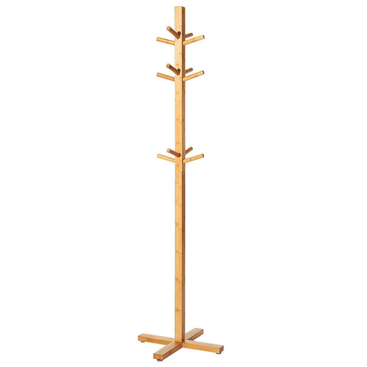 Freestanding Entryway Bamboo Wood 12 Hook Garment / Tree Rack / Hallway Coat & Hat Stand