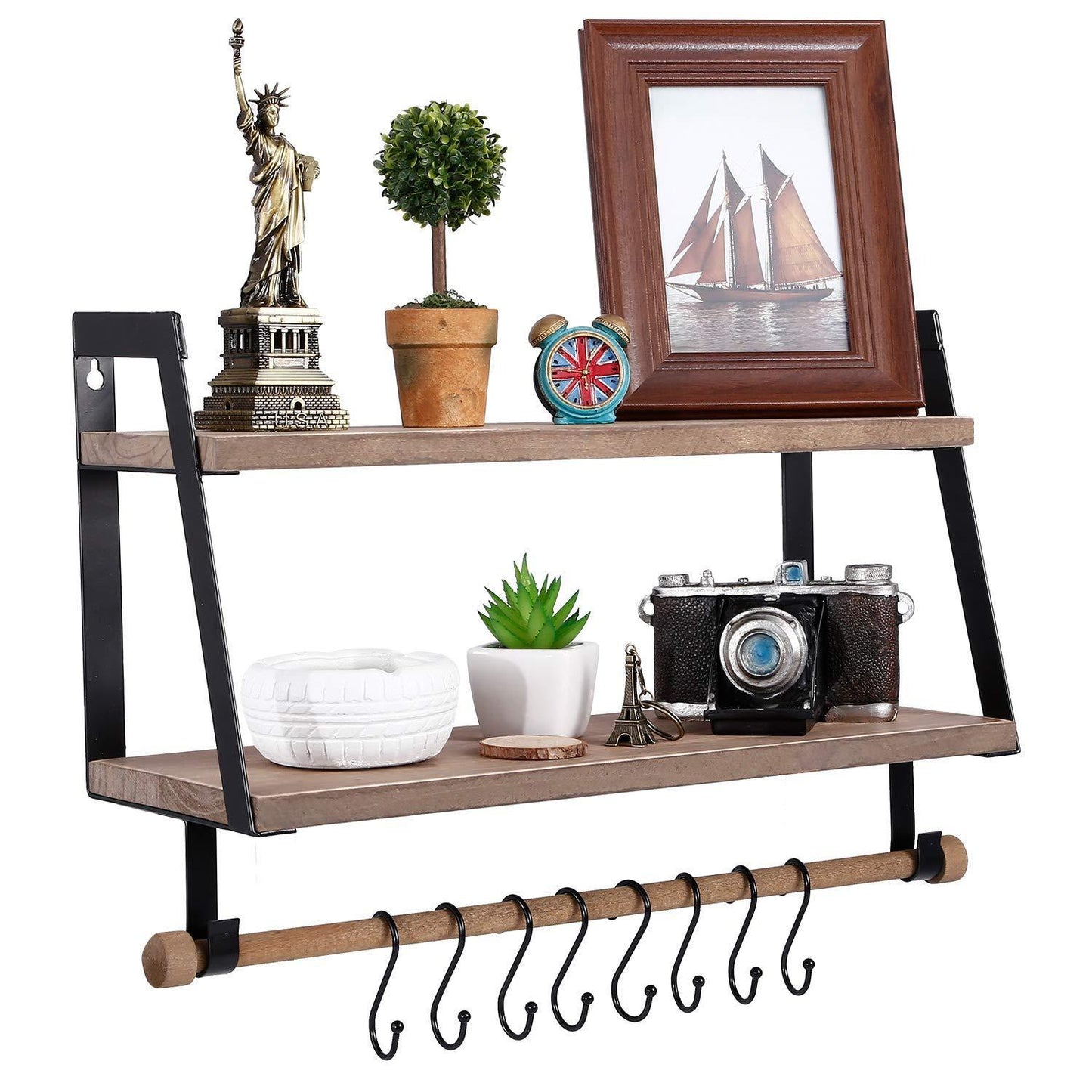 On amazon kakivan 2 tier floating shelves wall mount for kitchen spice rack with 8 hooks storage rustic farmhouse wood wall shelf for bathroom decor with towel bar