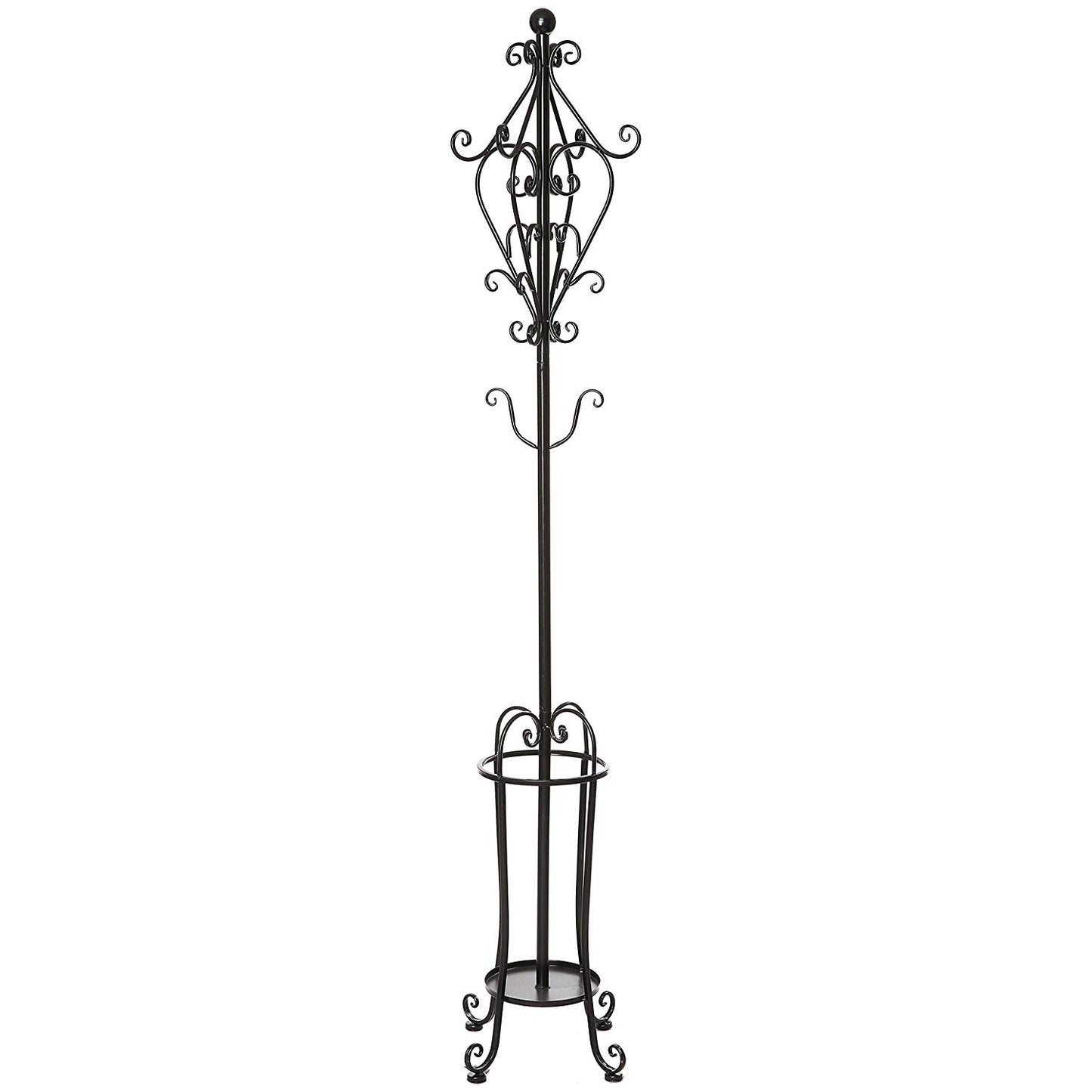 6' Freestanding Vintage Victorian Black Metal Scrollwork Coat Rack / Hat Hook Stand with Umbrella Holder