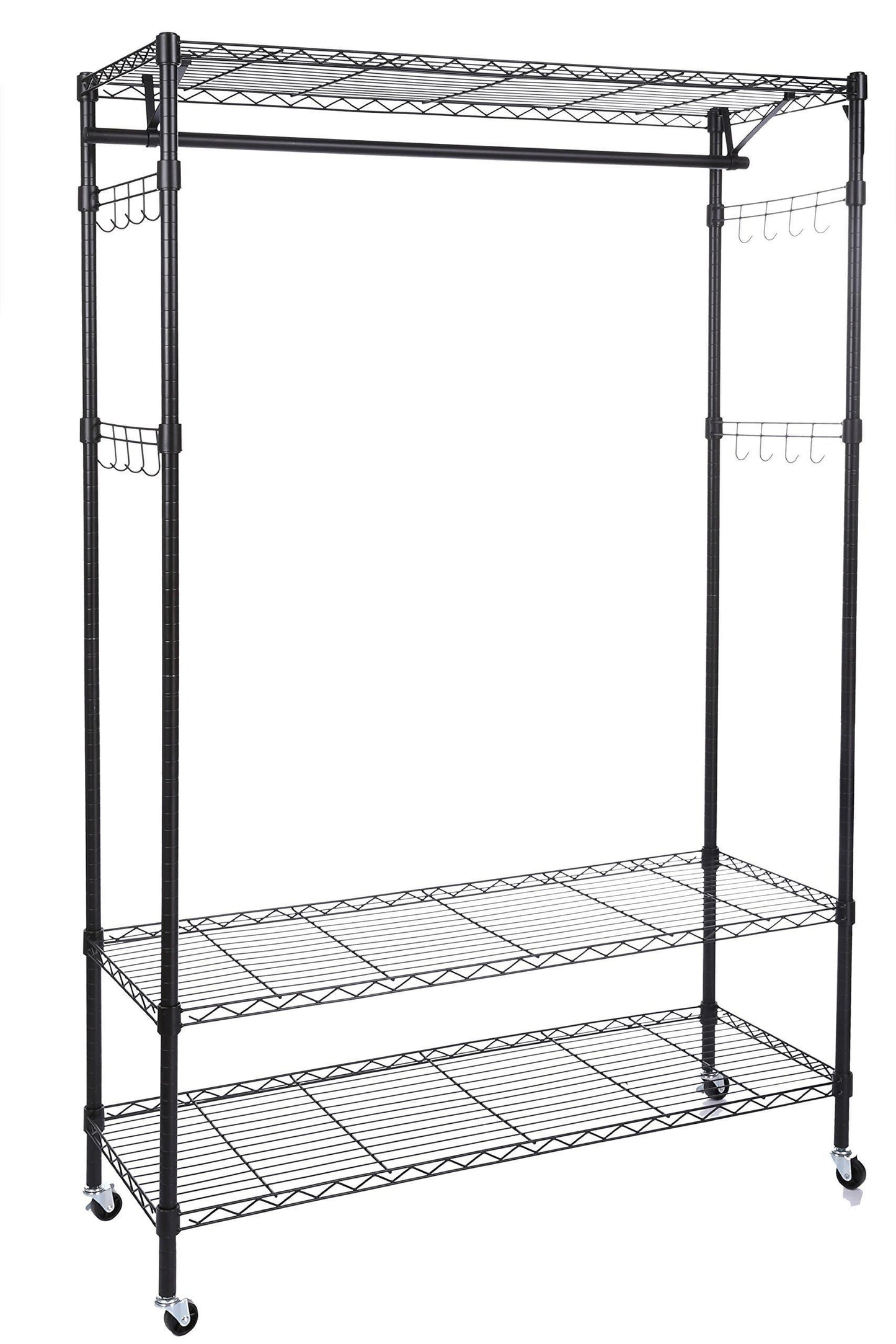 Homdox 3-Tiers Big Size Heavy Duty Wire Shelving Unit Garment Rack with Hanger Bar Wheels+2 Pair Side Hooks,Black