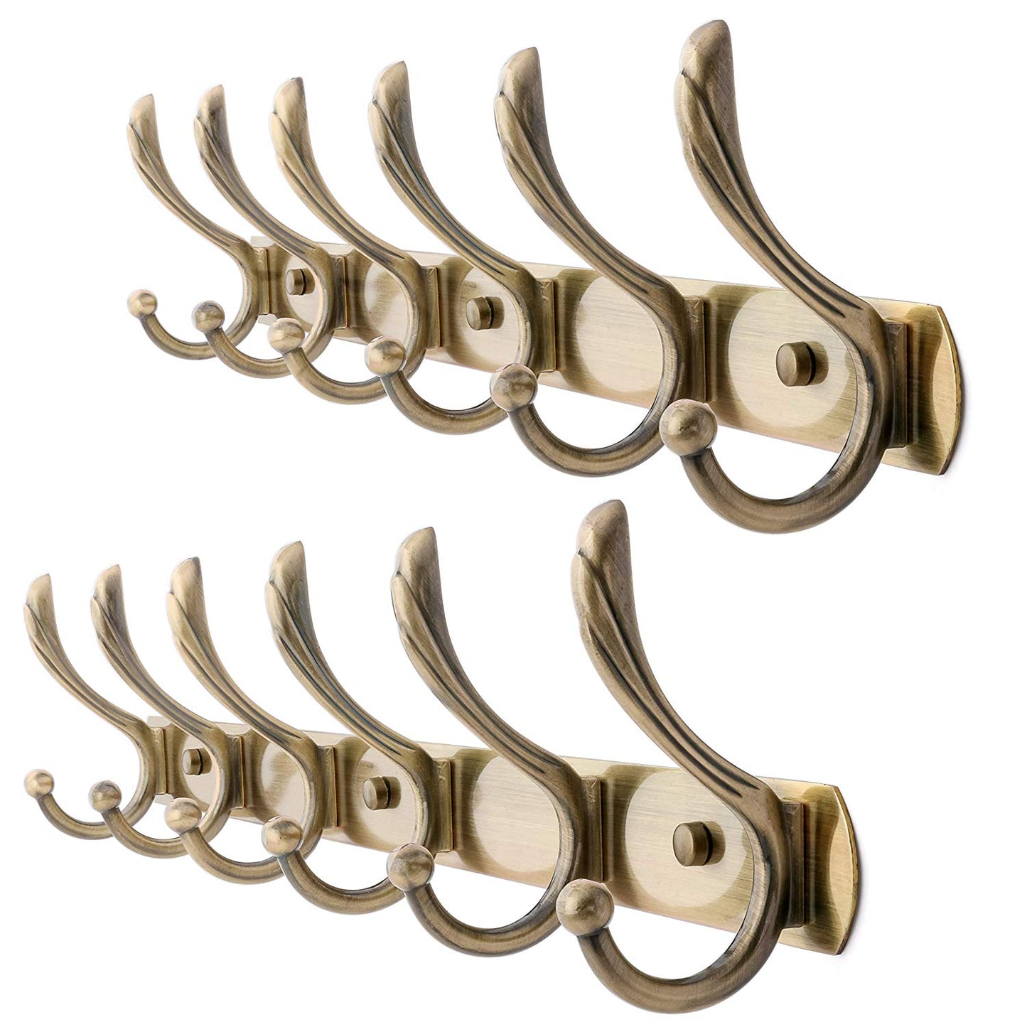 WEBI Wall Mounted Coat Rack Hook - 21-3/4 inch Double Prong Robe Hooks Metal Decorative Hook Rail - Heavy Duty Wall Hooks for Bathroom Kitchen Office Entryway Hallway,6 Hooks,Antique Brass,2 Packs