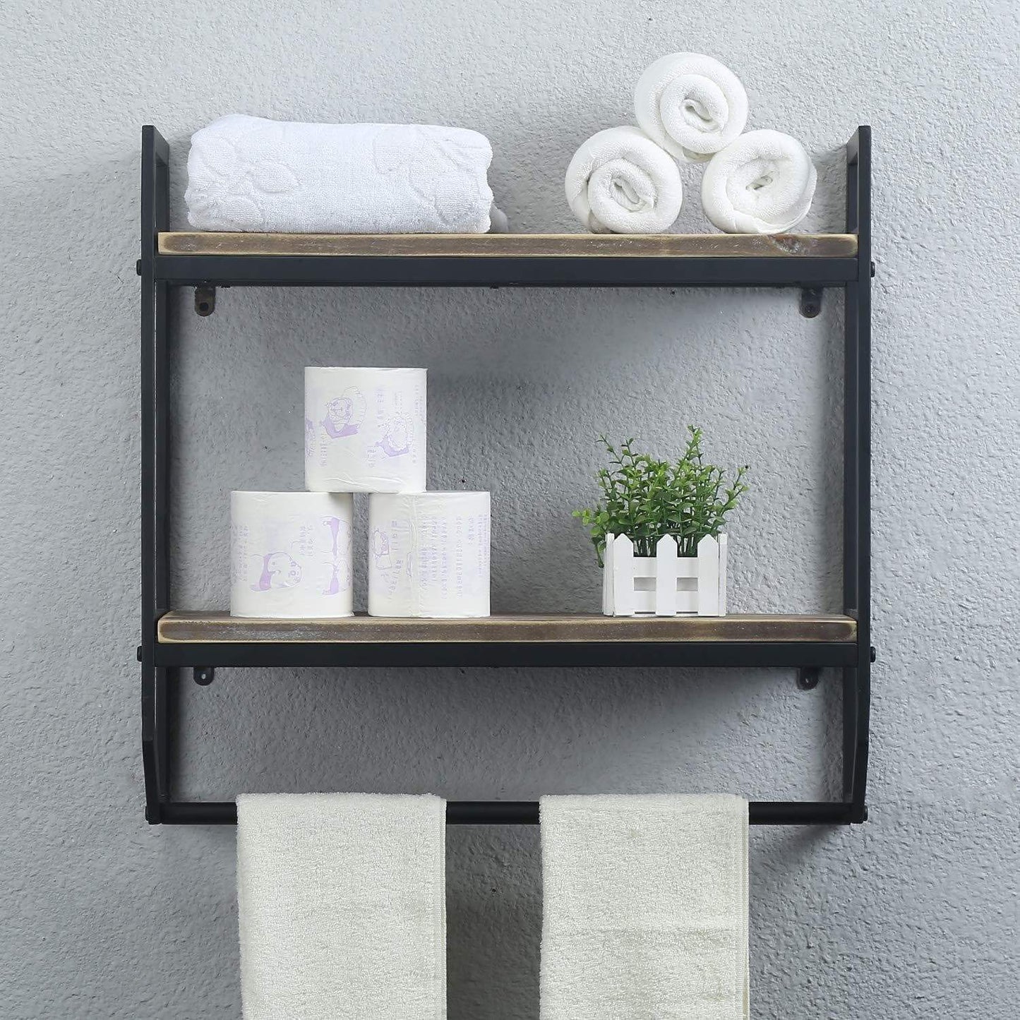 Exclusive 2 tier metal industrial 23 6 bathroom shelves wall mounted rustic wall shelf over toilet towel rack with towel bar utility storage shelf rack floating shelves towel holder black brush silver