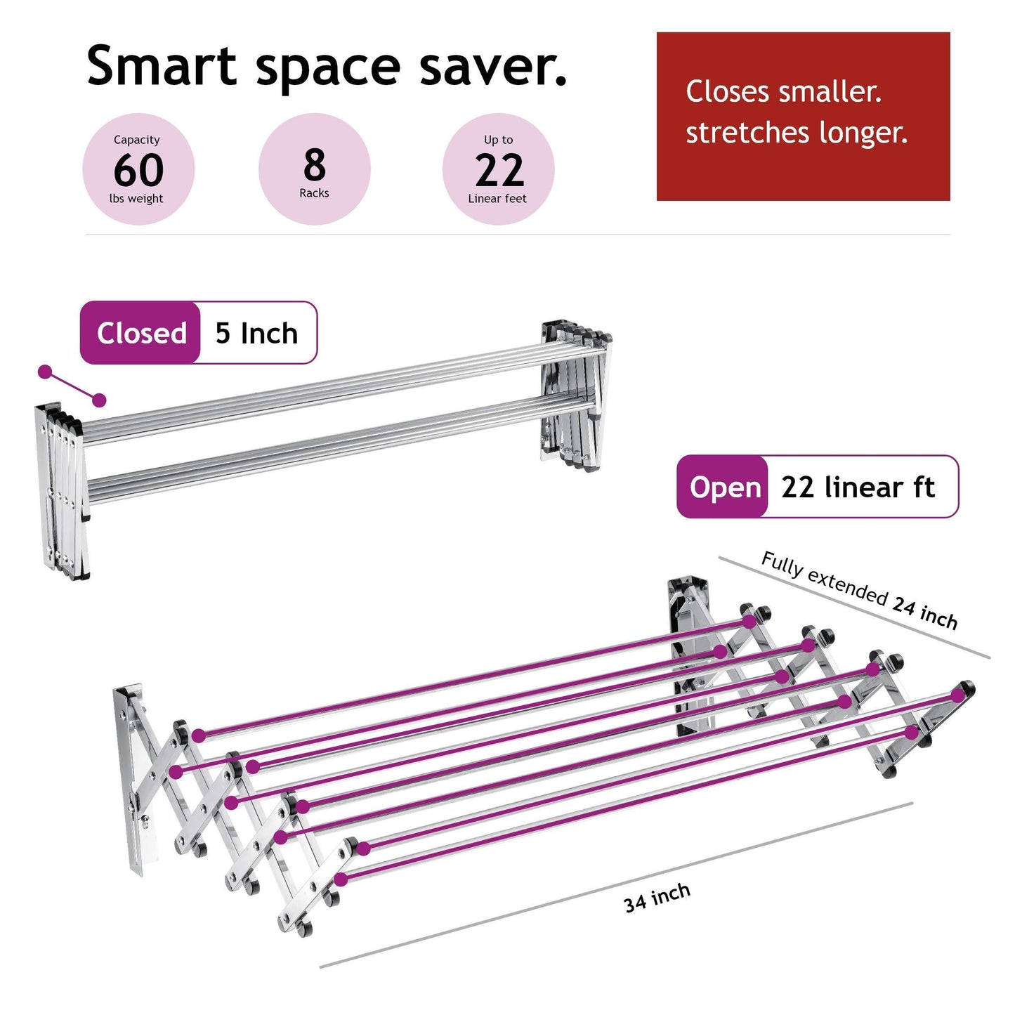 Top bartnelli accordion wall mounted drying rack 8 smooth round stainless steel rods huge 22 linear feet capacity compact sleek design ideal for heavy wet towels or delicates 60lb capacity