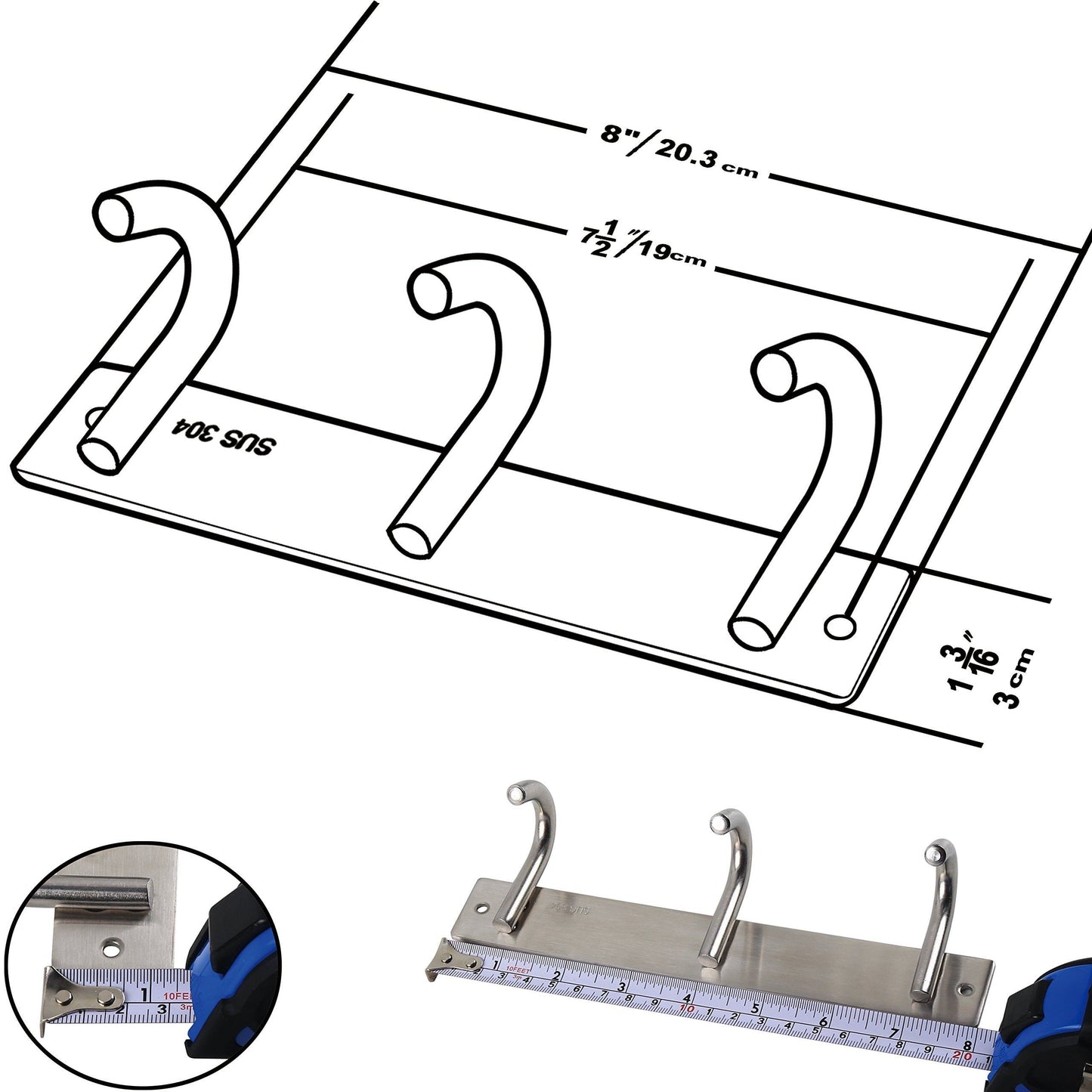 Storage organizer webi sturdy sus 304 coat hook towel hanger rail bar wall mounted rack for great home office storage organization brushed finish 3 hooks 2 pack j yz03